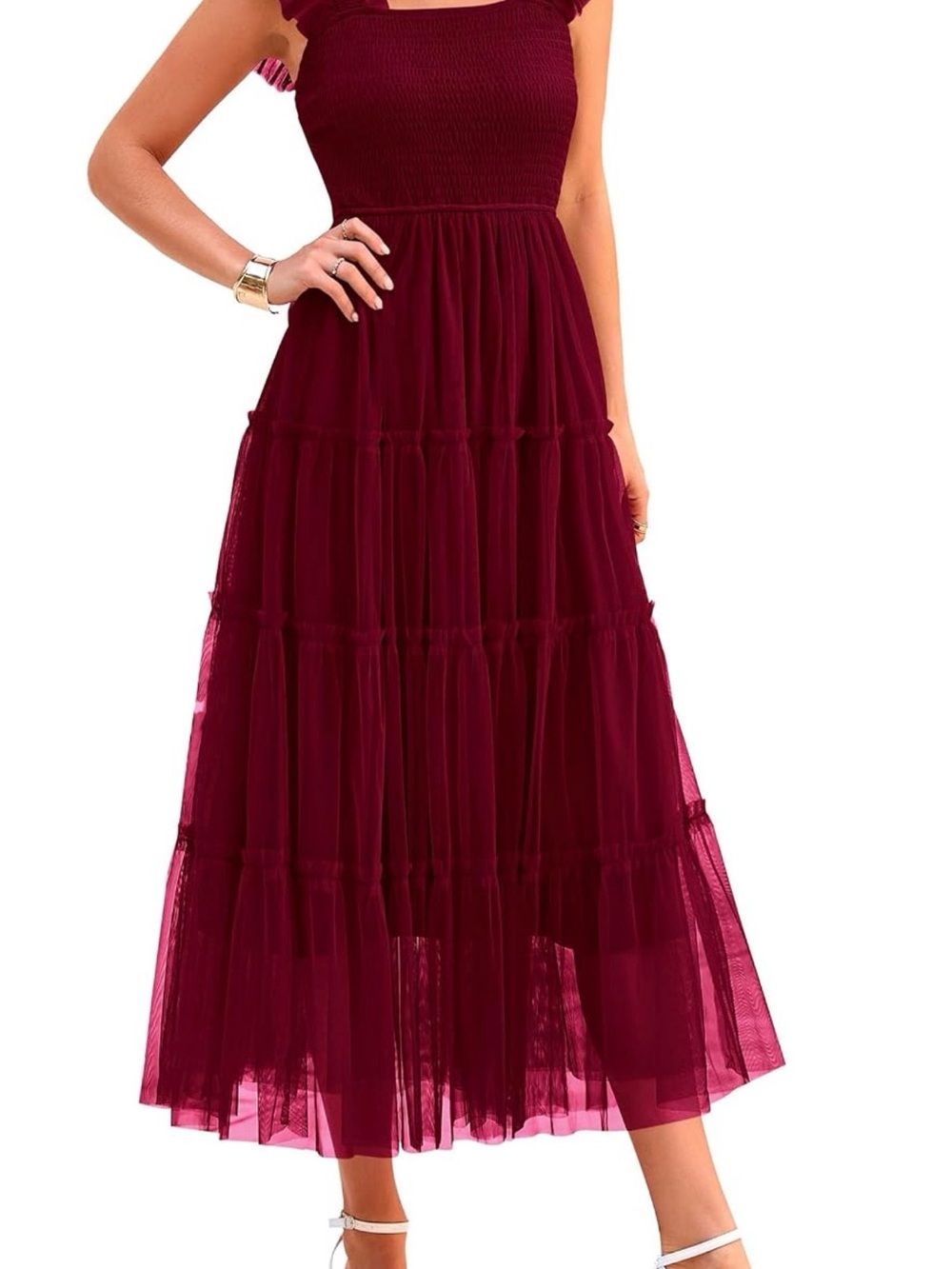 Tiered Mesh Maxi Dress in Wine